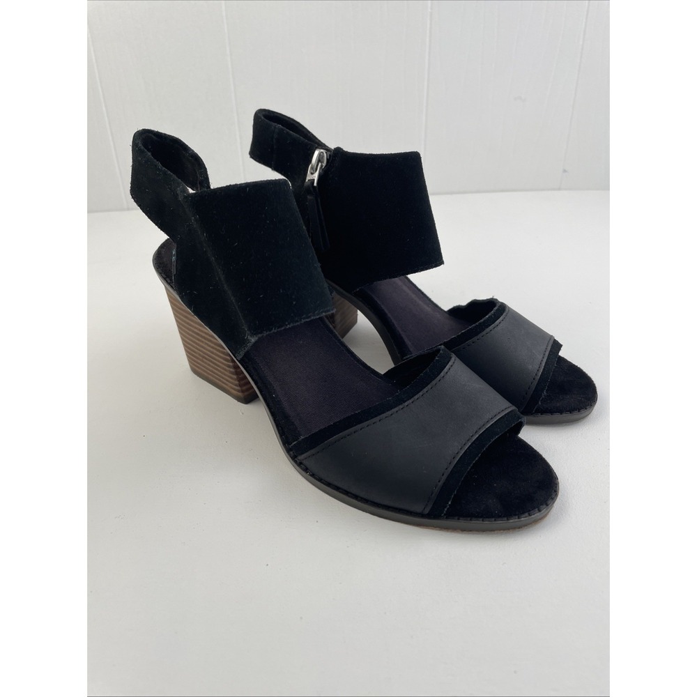 Toms Women's Sandals Size 9W Black Majorca‎ Block Ankle Leather Heels Leather